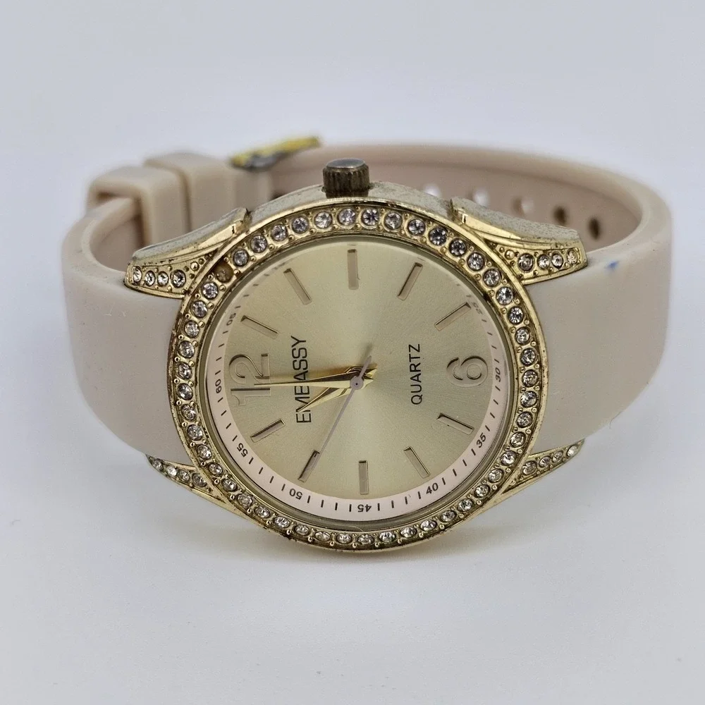 Embassy Women's Watch 34MM Gold Dial Cream Plastic Bands New Battery‎